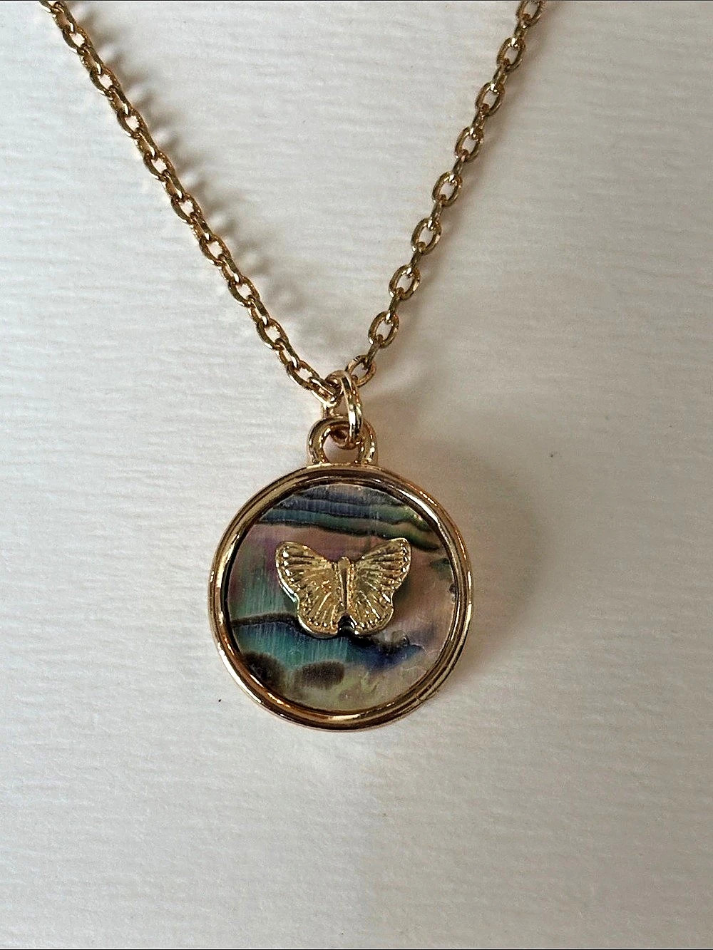 NWT World Market Butterfly Abalone Pendant Necklace in Gold NWT